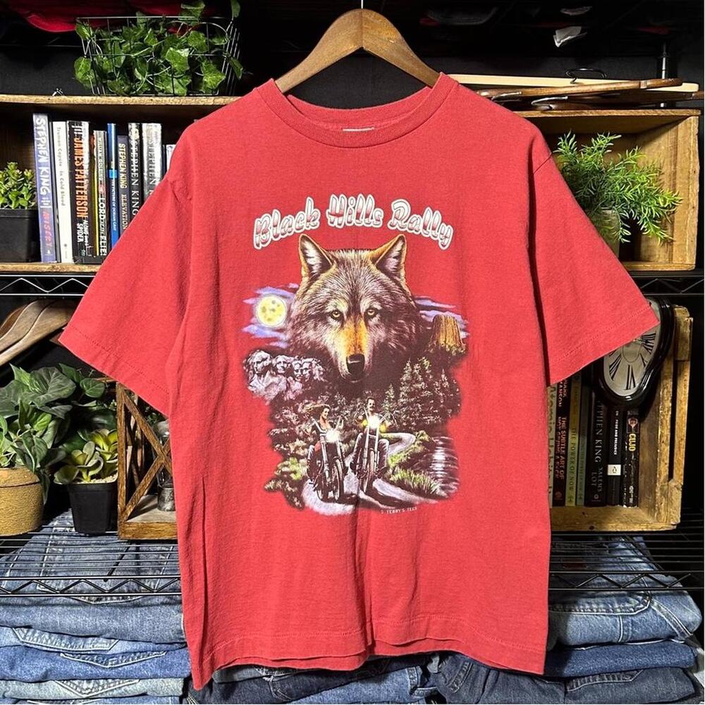 Vintage 90s Single Stitch Wolf Biker Tee Red Mens XL Animal Nature Print Shirt